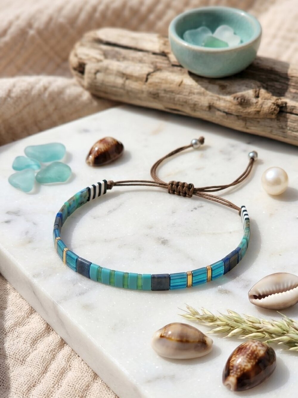 Miyuki Tila Bead Bracelet Blue Teal Adjustable Glass Tile Coastal Stacking